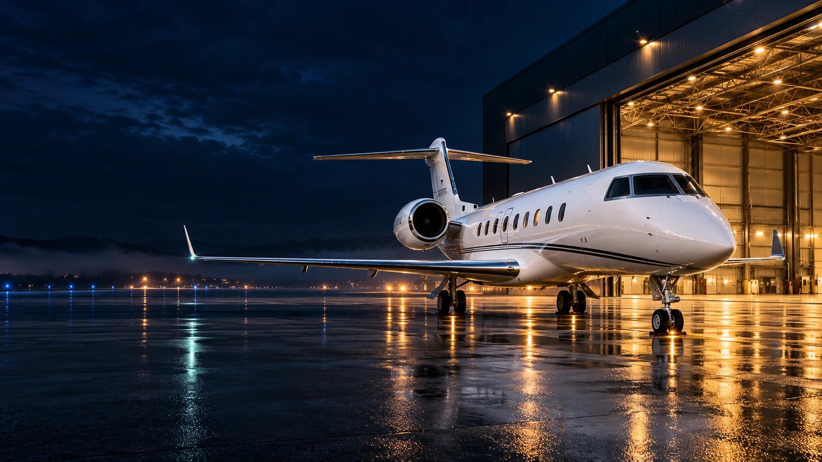 Aviation concept: a business jet at a hangar at blue hour